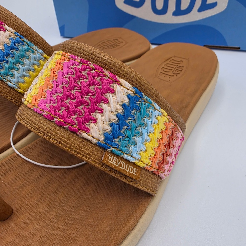 Hey Dude Maui Breeze Toe Loop Sandals Tan Multi Rainbow Woven Slides Size 8, NWB - Picture 5 of 10